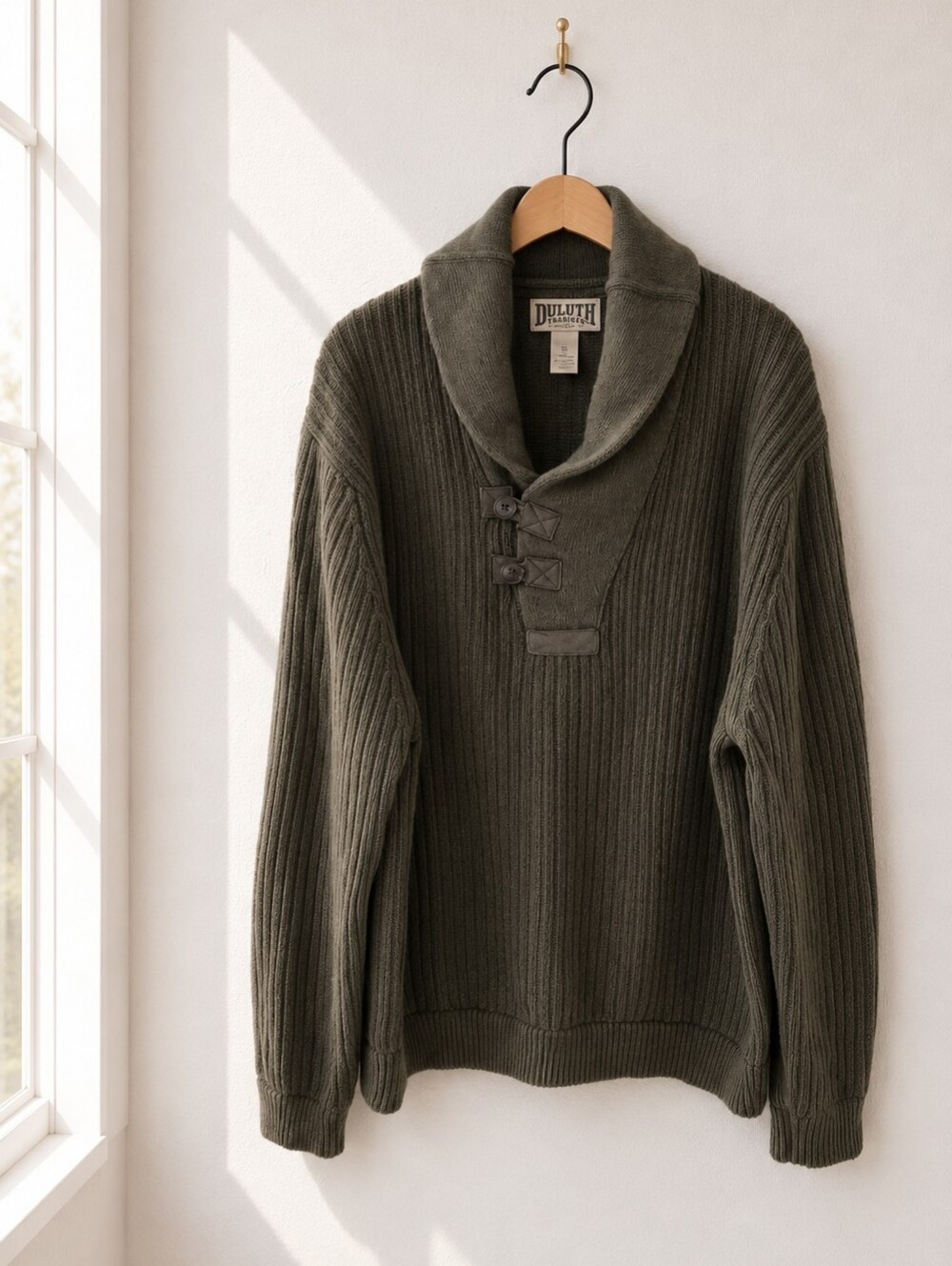 Duluth Trading Co Brigadier Shawl Collar Sweater Olive Green Men's XL